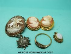 A 9ct gold pendant set with a cameo, a white metal brooch set with a cameo, an 18ct gold ring,