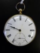 An 18ct gold pocket watch with subsidiary seconds dial and black Roman numerals to the white enamel