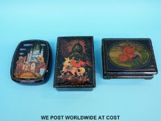 Three signed Russian lacquer boxes, the largest height 13.