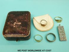 Two 9ct gold signet rings, two silver rings,
