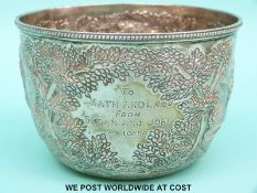 A Victorian hallmarked silver bowl with embossed hunting scene, height 10.