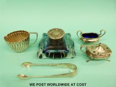 An Art Nouveau glass inkwell with embossed decoration to lid marked sterling and La Vision,