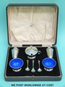 A cased Art Deco hallmarked silver enamelled five-piece cruet, Birmingham 1934,