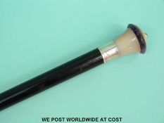 An agate, blue john, amethyst and hallmarked silver topped walking cane with ebony shaft, Ldn 1919,