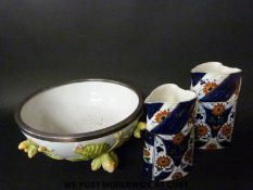 A possibly Moore Brothers majolica bowl together with two Crown Derby heart jugs
