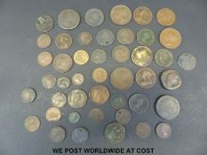 A small wooden box containing some interesting early copper/bronze coinage includes Jetons,