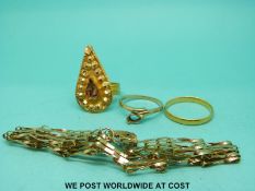 A yellow metal ring possibly Indian (5g), a 9ct gold gate bracelet, 9ct gold ring (6.