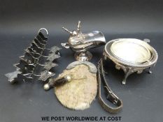 A silver plated ivy leaf design toast rack, caviar dish,