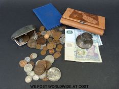 A collection of coinage to include pre-1947 and a hallmarked silver capstan inkwell