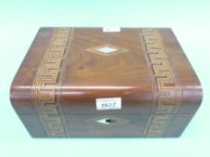 A walnut parquetry inlaid work box with lift out tray (W30xD23xH14cm) together with contents