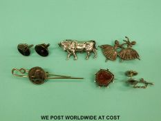 A quantity of hallmarked silver, enamel and other brooches and pins to include a bull,