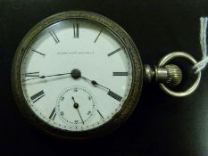 Elgin National Watch Co white metal open faced keyless wind pocket watch with subsidiary seconds