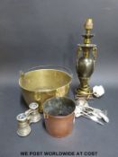A brass jam pan, copper vase,