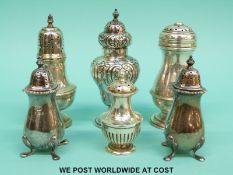 Six various hallmarked silver peppers and cruets (257g)