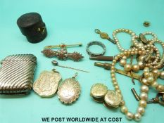 A quantity of jewellery to include lockets, silver brooch, silver ring, hallmarked silver vesta,