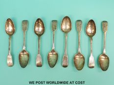 Eight various hallmarked silver fiddle pattern teaspoons (137g)