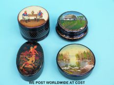 Four Russian hand-decorated circular and oval lacquer boxes,