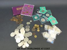 A collection of coins George III - QEII, some with silver content including Victoria half crown,