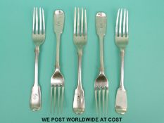 A set of five Victorian hallmarked silver fiddle pattern dessert forks,