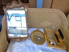 A Georgian style wheatear mirror and two further decorative mirrors (largest 70 x 44cm)