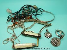 A hallmarked silver bangle, silver pendants, malachite necklace,