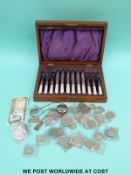 A mahogany cased mother-of-pearl handled fruit set, silver pendants with feature hallmarks,