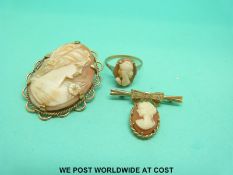 A 9ct gold brooch set with a cameo and diamonds, a yellow metal ring marked 9ct gold,