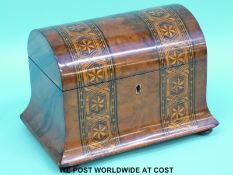 A 19th / early 20thC walnut and inlaid dome top two division tea caddy (W24xD16xH16.