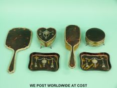 A hallmarked silver and pique work dressing table set including two hallmarked footed powder pots,