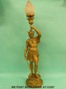 A large gilt spelter light fitting or lamp in the form of Thesee a Roman gladiator with pink glass