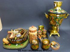 A collection of painted Russian metalware / folk art items, including a samovar, trays, box,