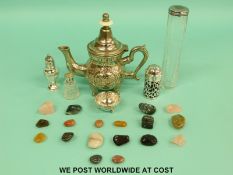 Three various hallmarked silver and silver mounted peppers, a Victorian hallmarked silver open salt,