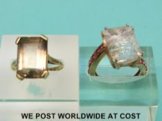 A 9ct gold ring set with smoky quartz and another 9ct gold ring set with rose quartz (8.