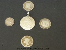 An 1833 William IV Maundy 2d, together with three Victorian four penny pieces,