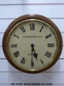 A mahogany cased school clock with fusee movement and painted dial, named Jas.