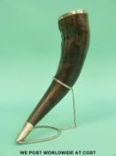 An Oriental silver mounted horn cup on stand,