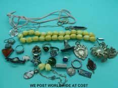 Five white metal/ silver rings, pewter ring, hallmarked silver fobs, silver pendants,