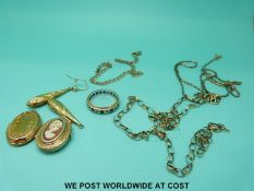 Two 9ct gold chains, a 9ct gold bracelet and a 9ct locket (11.5g), a ring set with sapphires etc.