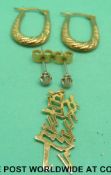 A yellow metal Chinese character marked 14ct, two pairs of earrings,
