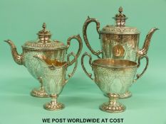 A Victorian hallmarked silver three piece tea set with additional plated hot water pot.