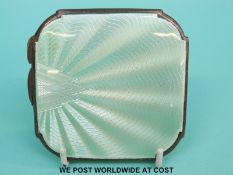 A J W Benson Art Deco hallmarked silver compact with engine turned back and aqua guilloche enamel