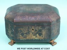 A Chinese lacquer tea caddy with Pak Tong/pewter two division compartments within (W20xD14xH13cm)