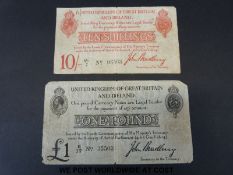 Two circulated John Brandburg bank notes comprising a black on white ten shilling example