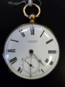J Lannier Swiss 18ct gold pocket watch with inset subsidary seconds dial and black Roman numerals