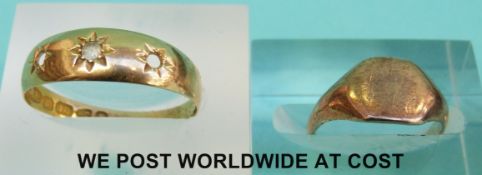 An 18ct gold ring and 9ct gold signet ring set with a clear stone (3.