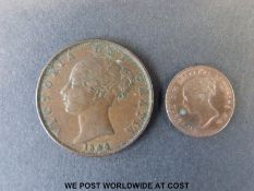 An 1844 Victorian halfpenny together with an 1844 half farthing