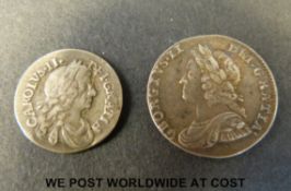 Charles II 1679 silver twopence together with a George II threepence