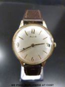 Avia 9ct gold gentleman's wristwatch with date aperture and gold hands and markers on brown leather