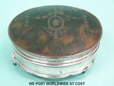 A hallmarked silver and tortoiseshell picot work dressing table pot, diameter 11cm,