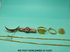 An 18ct gold signet ring and band (7.1g), 9ct gold necklace (3.